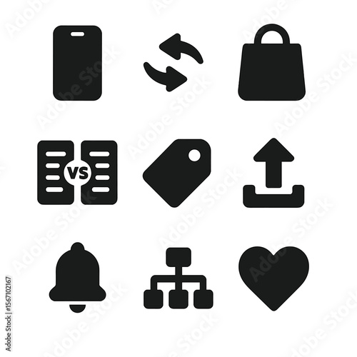 Upgrade Icons Grid. Solid, filled icon set of upgrade decisions: new phone icon, trade-in arrow, shopping bag, compare specs,