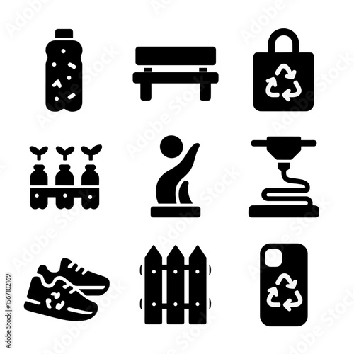 Upcycled Products Icons. Solid, filled icon set of upcycled plastic products: eco-brick, plastic bench, recycled tote bag, planter
