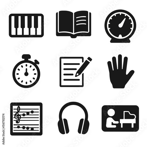 Piano Practice Icon Set. Solid, filled icons set of piano practice tools: keyboard icon, practice book, tempo