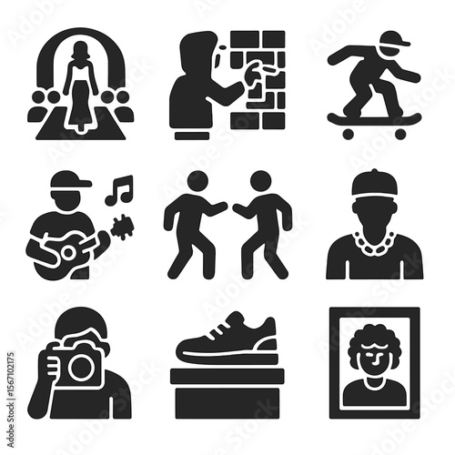 Urban Culture Icons. Solid, filled icon set of urban fashion events and culture: fashion show, graffiti wall, skateboarding,