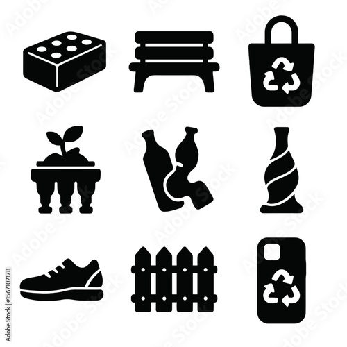 Upcycled Products Icons. Solid, filled icon set of upcycled plastic products: eco-brick, plastic bench, recycled tote bag, planter