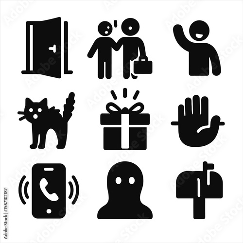 Unexpected Encounters Icons. Solid, filled icon set of unexpected encounters: open door, surprise visit, waving figure, startled