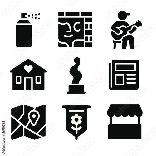 Urban Culture Icons. Solid, filled icon set of urban culture: graffiti spray can, mural wall, street musician, community center,