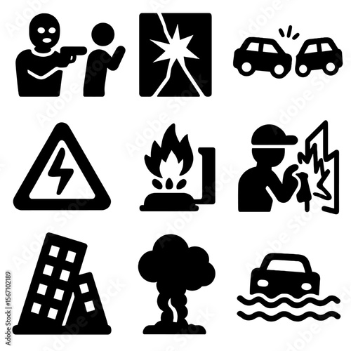 Urban Danger Icons. Solid, filled icon set of urban dangers: armed robbery, broken glass, traffic accident, electrical hazard, gas