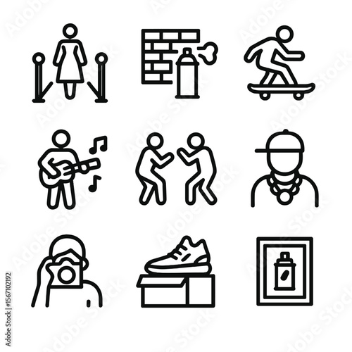 Urban Culture Icons. Solid, filled icon set of urban fashion events and culture: fashion show, graffiti wall, skateboarding,