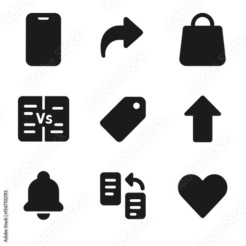 Upgrade Icons Grid. Solid, filled icon set of upgrade decisions: new phone icon, trade-in arrow, shopping bag, compare specs,