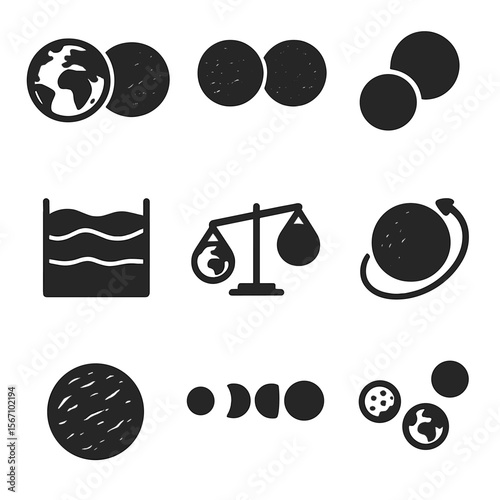 Planetary Comparison Icons. Solid, filled icons set of comparative planetology: Earth-Venus icon, twin planets