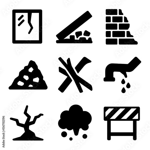 Urban Disaster Icons. Solid, filled icon set of urban disaster debris: broken glass, fallen beam, collapsed wall, rubble pile,