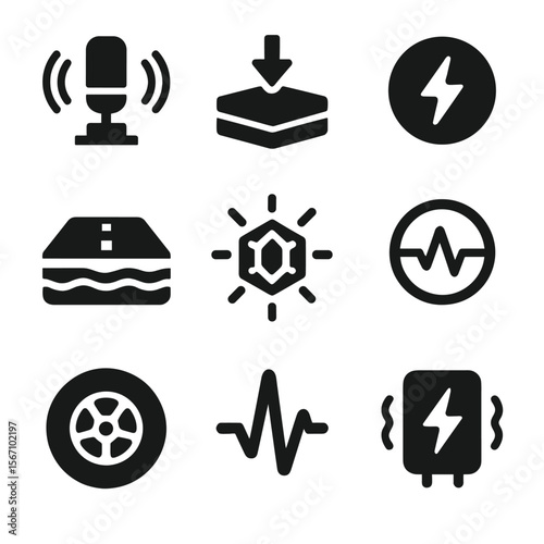 Piezoelectric Road Icons. Solid, filled icons set of piezoelectric road technology: vibration sensor, pressure