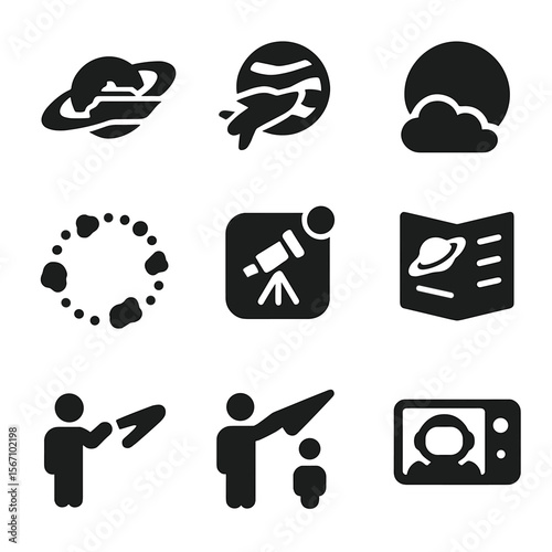 Planetary Sightseeing Icons. Solid, filled icons set of planetary sightseeing: Saturn ring cruise, Jupiter