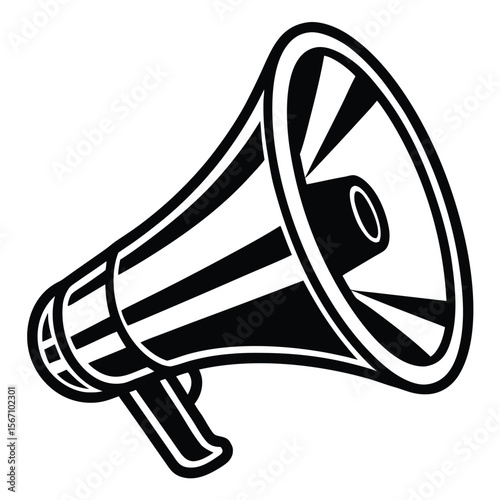Black and white megaphone with bold stripes and sound waves announcement communication