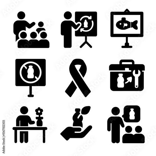 Plastic Awareness Icons. Solid, filled icons set of awareness and education on plastic use: school workshop,