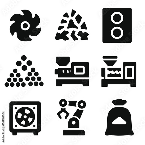 Plastic Processing Icons. Solid, filled icons set of plastic shredding and processing: shredder blade, crushed