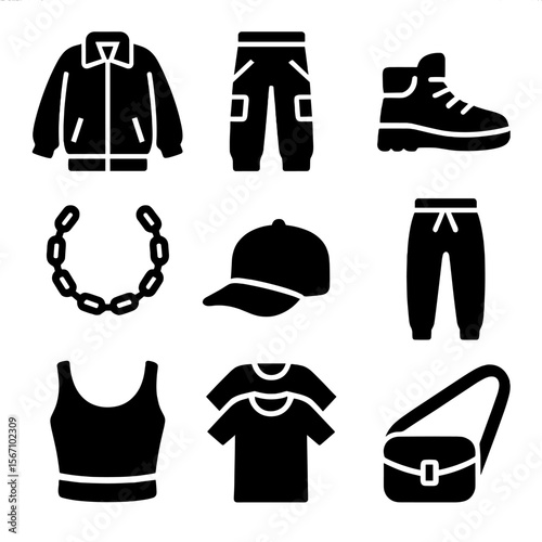 Urban Streetwear Icons. Solid, filled icon set of urban streetwear styles: oversized jacket, cargo pants, high-top sneakers, chain