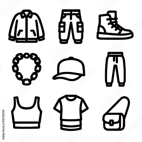Urban Streetwear Icons. Solid, filled icon set of urban streetwear styles: oversized jacket, cargo pants, high-top sneakers, chain