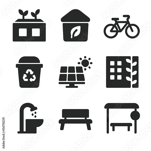 Urban Sustainability Icons. Solid, filled icon set of urban sustainability: rooftop garden, compost station, bike share, recycling