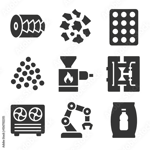 Plastic Processing Icons. Solid, filled icons set of plastic shredding and processing: shredder blade, crushed