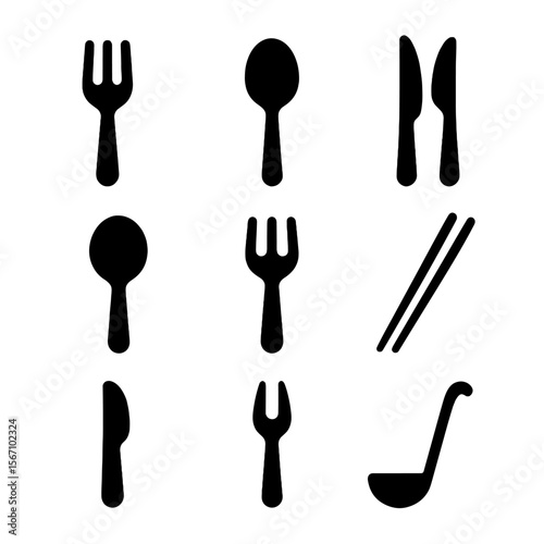 Utensil Icon Grid. Solid, filled icon set of eating and serving utensils mix: salad fork, soup spoon, steak knife, serving spoon,
