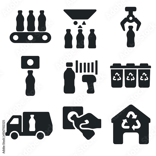 Plastic Recycling Icons. Solid, filled icons set of plastic collection and sorting: conveyor belt, material