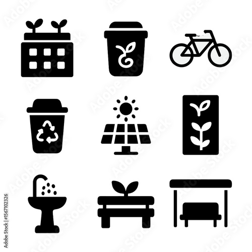 Urban Sustainability Icons. Solid, filled icon set of urban sustainability: rooftop garden, compost station, bike share, recycling