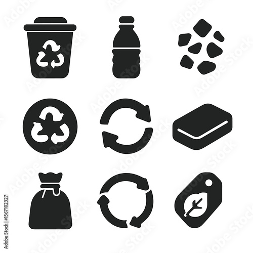 Plastic Recycling Icons. Solid, filled icons set of plastic recycling and upcycling innovations: recycling bin