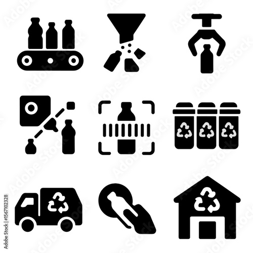 Plastic Recycling Icons. Solid, filled icons set of plastic collection and sorting: conveyor belt, material