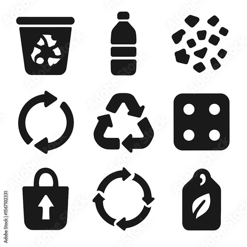 Plastic Recycling Icons. Solid, filled icons set of plastic recycling and upcycling innovations: recycling bin