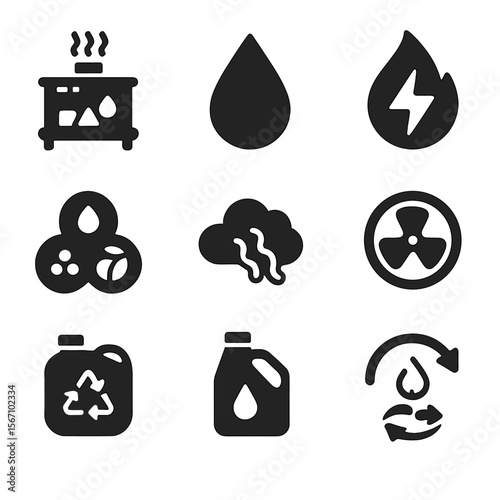 Plastic-to-Fuel Icons. Solid, filled icons set of plastic-to-fuel and energy recovery: pyrolysis chamber, fuel