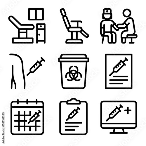 Vaccination Icon Set. Solid, filled icon set of vaccination environment: clinic room, medical chair, nurse assisting, patient arm,