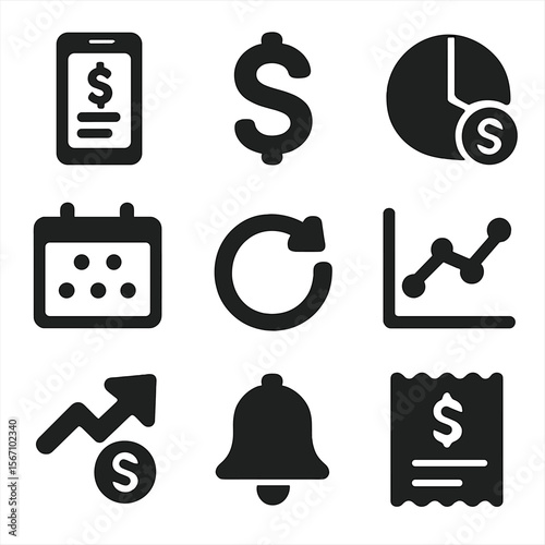 Utility Bill Icon Set. Solid, filled icon set of utility bill insights: mobile invoice, dollar sign, cost breakdown, calendar icon