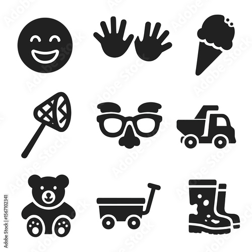 Playful Childhood Icons. Solid, filled icons set of playful childhood moments: giggling face, messy hands, ice
