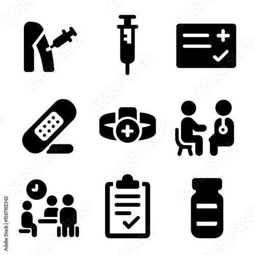 Vaccination Icon Set. Solid, filled icon set of vaccine administration: patient arm injection, syringe plunger, vaccination record