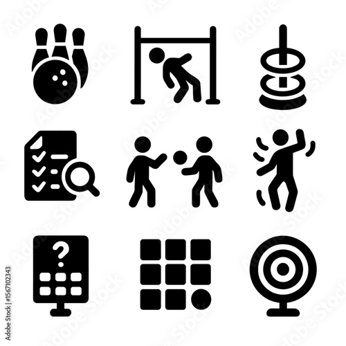 UV Party Icon Set. Solid, filled icon set of UV party games: glow bowling, neon limbo, light ring toss, UV scavenger hunt, glow