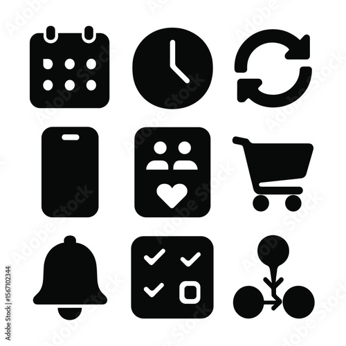 User Behavior Icons. Solid, filled icon set of user behavior and habits: calendar schedule, clock, repeat arrow, mobile phone,