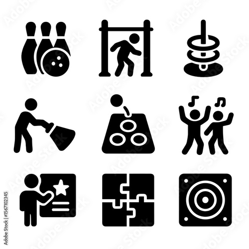 UV Party Icon Set. Solid, filled icon set of UV party games: glow bowling, neon limbo, light ring toss, UV scavenger hunt, glow