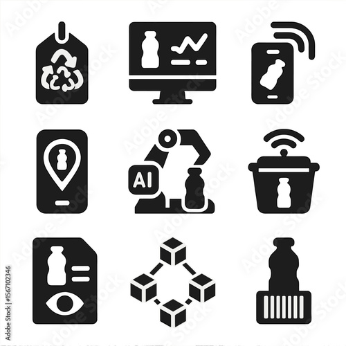 Plastic Waste Tech Icons. Solid, filled icons set of plastic waste tracking and technology: QR recycle tag,