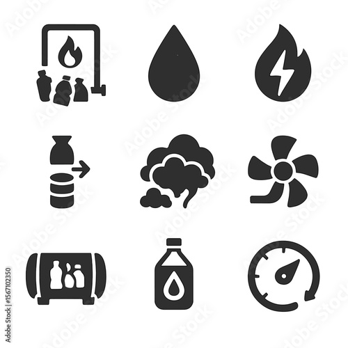 Plastic-to-Fuel Icons. Solid, filled icons set of plastic-to-fuel and energy recovery: pyrolysis chamber, fuel