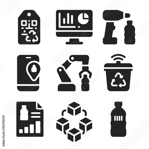 Plastic Waste Tech Icons. Solid, filled icons set of plastic waste tracking and technology: QR recycle tag,