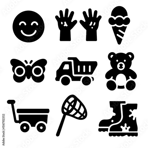 Playful Childhood Icons. Solid, filled icons set of playful childhood moments: giggling face, messy hands, ice