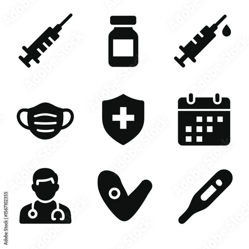Vaccination Icons Set. Solid, filled icon set of vaccinations: syringe, vaccine vial, injection, medical mask, health shield,
