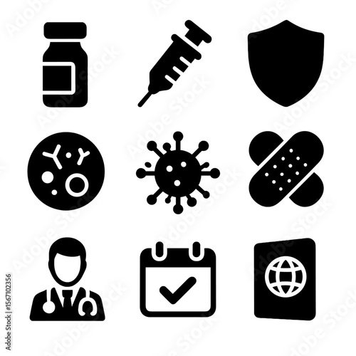 Vaccination Icon Set. Solid, filled icon set of vaccination and immunity: vaccine vial, syringe, shield, immune cells, virus,