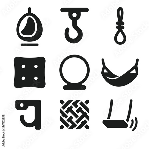 Playful Hanging Chair Icons. Solid, filled icons set of hanging chair or swing chair for a playful addition to
