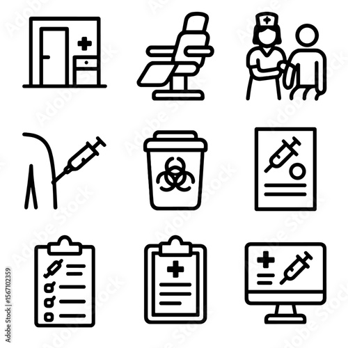 Vaccination Icon Set. Solid, filled icon set of vaccination environment: clinic room, medical chair, nurse assisting, patient arm,