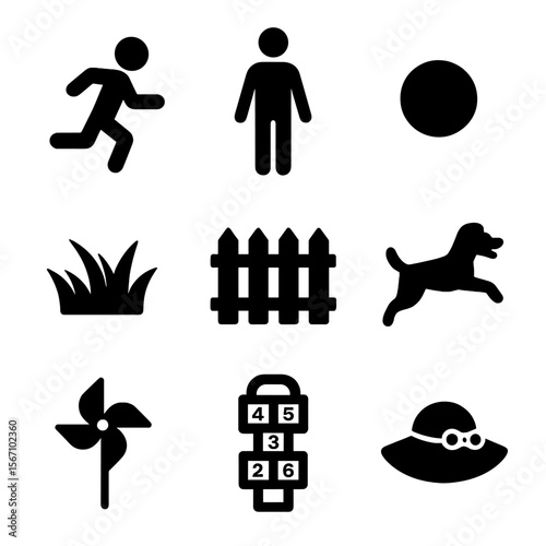 Playful Yard Icons. Solid, filled icons set of chasing kids in the yard: running child, parent silhouette,