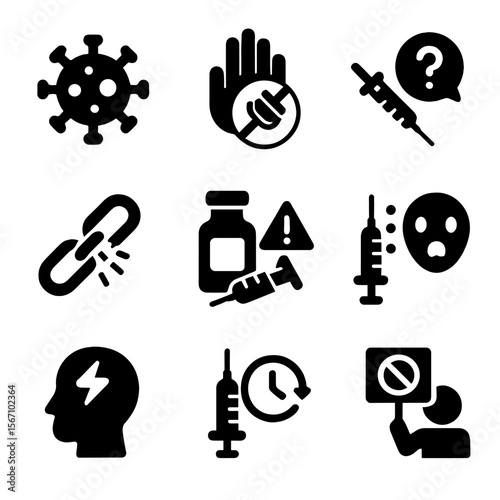 Vaccination Challenges Icons. Solid, filled icon set of vaccination challenges: virus, refusal sign, misinformation, cold chain