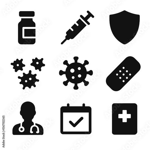 Vaccination Icon Set. Solid, filled icon set of vaccination and immunity: vaccine vial, syringe, shield, immune cells, virus,