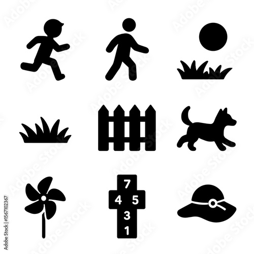 Playful Yard Icons. Solid, filled icons set of chasing kids in the yard: running child, parent silhouette,