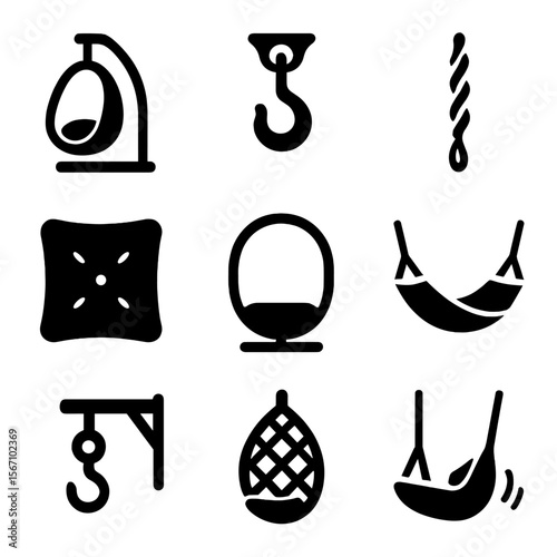Playful Hanging Chair Icons. Solid, filled icons set of hanging chair or swing chair for a playful addition to