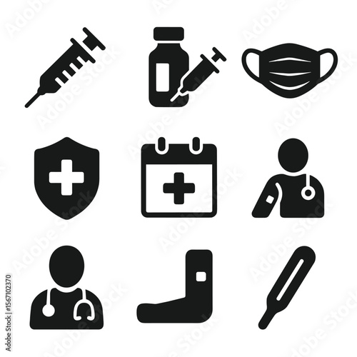 Vaccination Icons Set. Solid, filled icon set of vaccinations: syringe, vaccine vial, injection, medical mask, health shield,