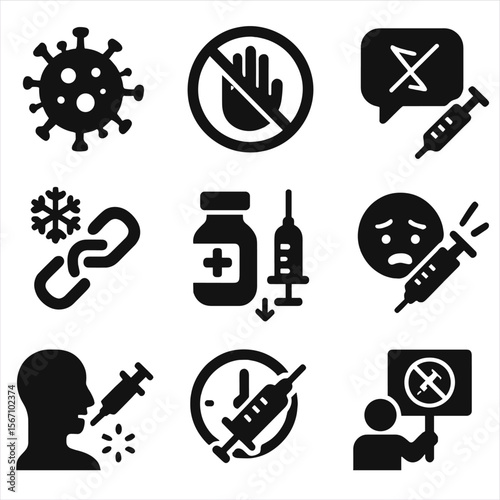 Vaccination Challenges Icons. Solid, filled icon set of vaccination challenges: virus, refusal sign, misinformation, cold chain